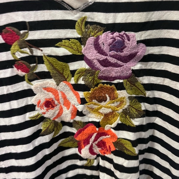 Johnny Was Black and White Striped Top with Floral Embroidery - Picture 2 of 3